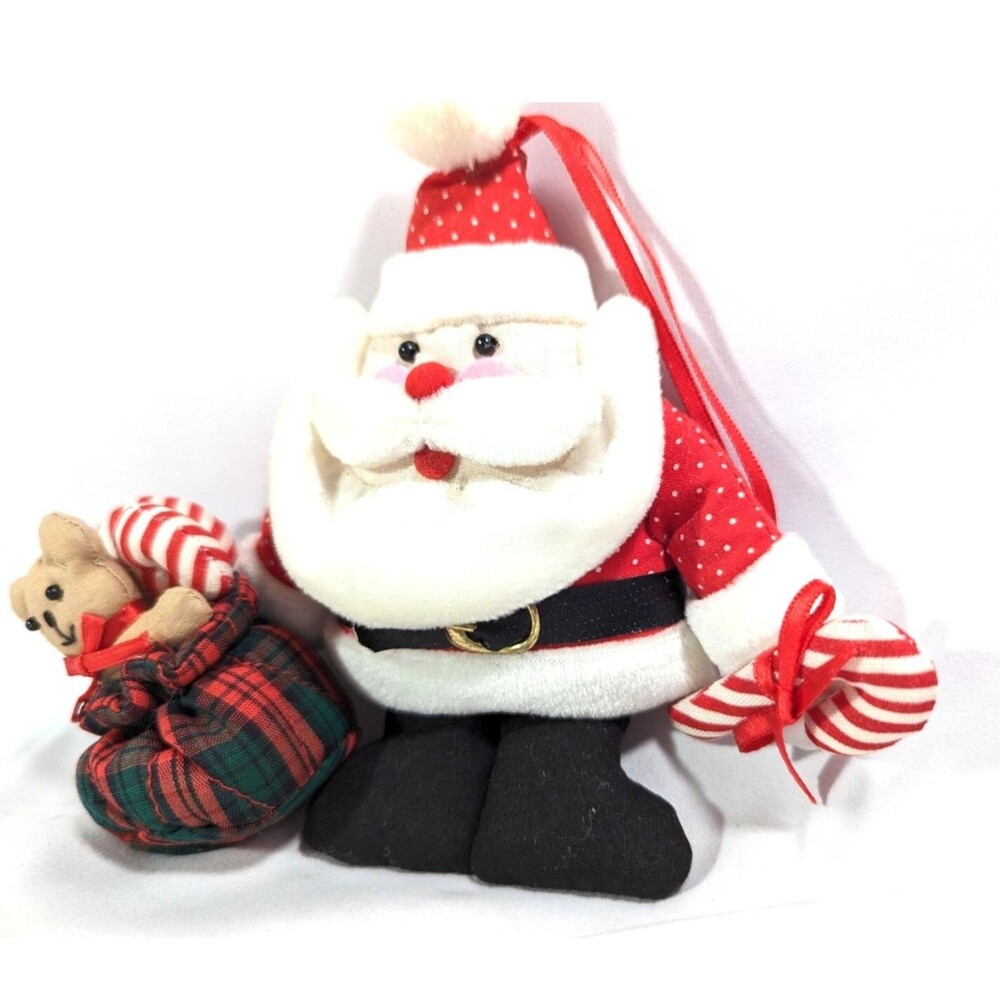 Vintage 1980s Santa Claus Hanging Ornament Plush Candy Cane Gift Sack Felt 6-in